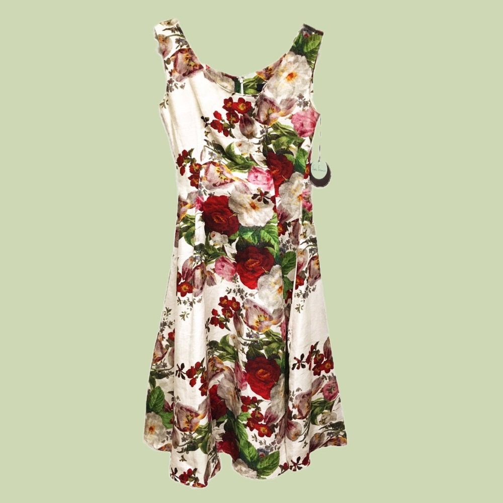 Eva Franco Romantic Garden Print Fit & Flare Linen Midi Dress Cottagecore